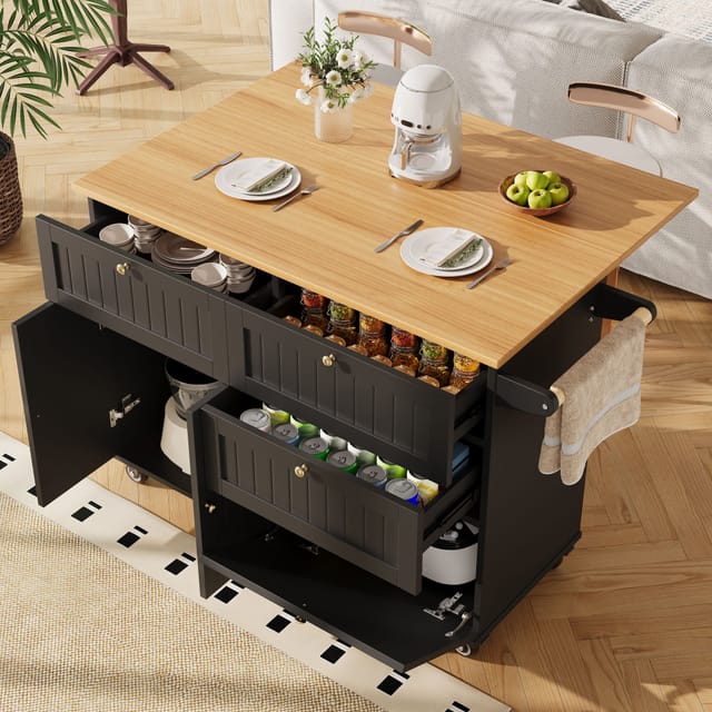 Kücheninsel Mit Klappbarer Tischplatte, Rollen Und Stauraum, 133 X 37,3/70 X 88 Cm, Mdf, Schwarz