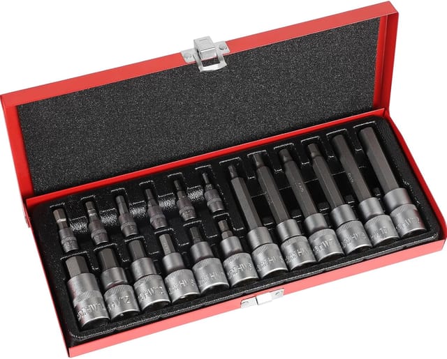 Satz Mit 18 1/2"-steckschlüsseln: H6–h14 (55 Mm Lang), H5–h12 (100 Mm Lang) Und 1/4" H3–h8. Sechskantantrieb. Metallkoffer.