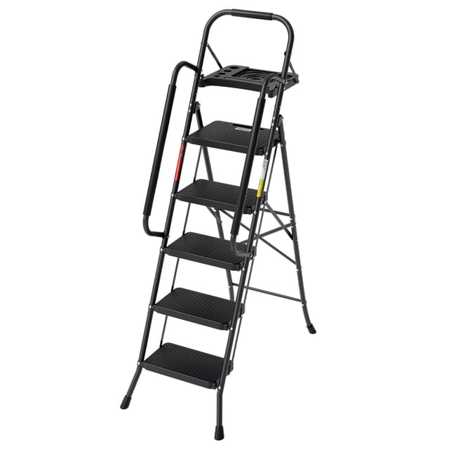 Tolletour Klappleiter 5 Stufen Mit Handlauf Und Werkzeugablage, Breite Anti-rutsch-stufen, Stahlrahmen, 150 Kg, Faltbar, Schwarz, En14183
