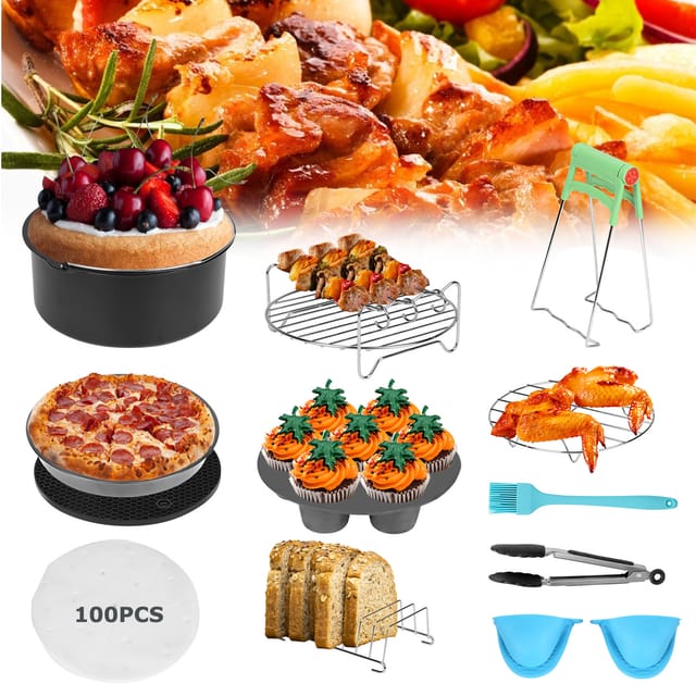 Tolletour 12-teiliges Heißluftfritteusen Zubehör Set Aus Silikon Und Edelstahl Mit Backpapier, Formen, Haltern Und Handschuhen