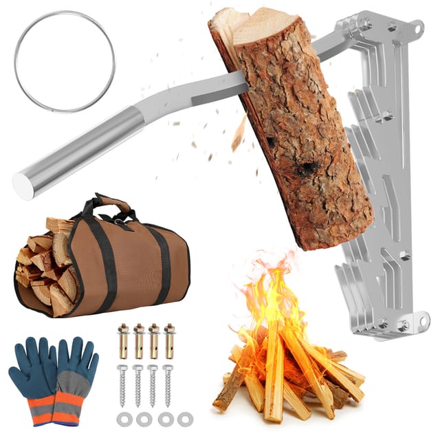 Tolletour Kaminholz-spalthilfe Zur Wandbefestigung, Mit Fest Montiertem Hebel, Inkl. Holztragetasche Und Handschuhen, Silber