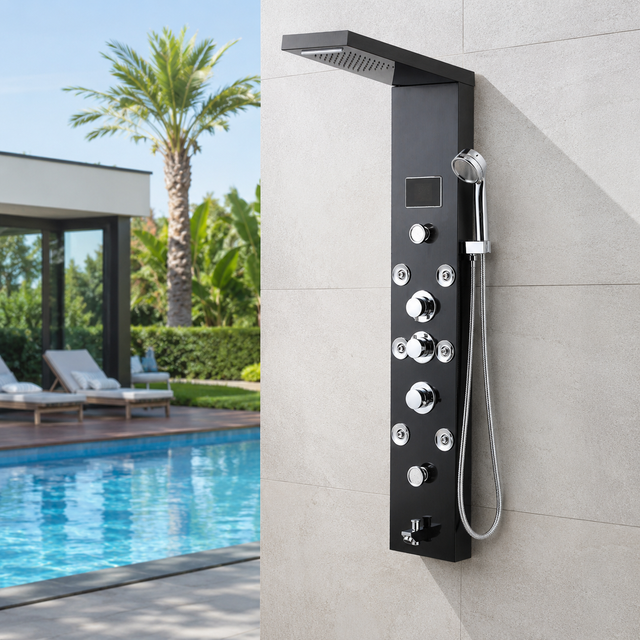 Tolletour Duschpaneel 6 In 1 Aus 304 Edelstahl Schwarz, Regendusche Wasserfall Massage Handbrause Wannenauslauf Mit Led Display, G1/2 Anschluss