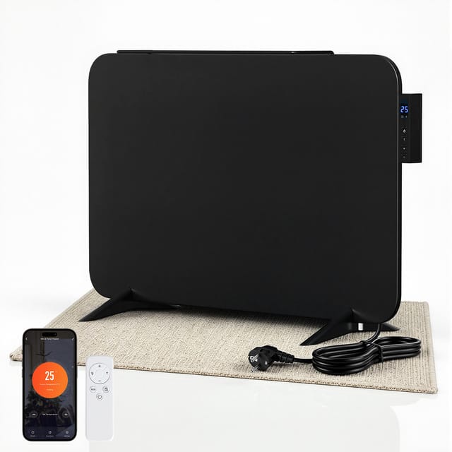 Tolletour Infrarotheizung 450w Mit Wifi, Thermostat, Fernbedienung Und Handtuchhalter, Wand- Oder Standmontage, Ip44, Schwarz, Paneel 45 X 70 X 1.3 Cm