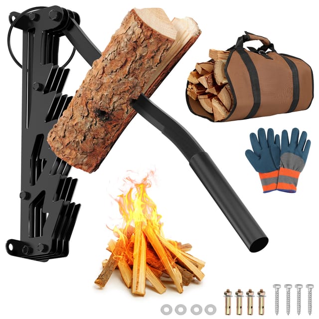 Tolletour Kaminholz-spalthilfe Zur Wandbefestigung, Mit Fest Montiertem Hebel, Inkl. Holztragetasche Und Handschuhen, Schwarz