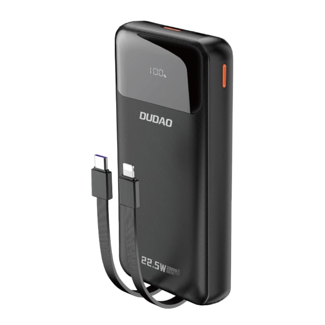 Dudao K15pro Powerbank 20000mah 22,5w Pd Usb-c / Usb-a / Integrierte Lightning- Und Usb-c-kabel - Schwarz