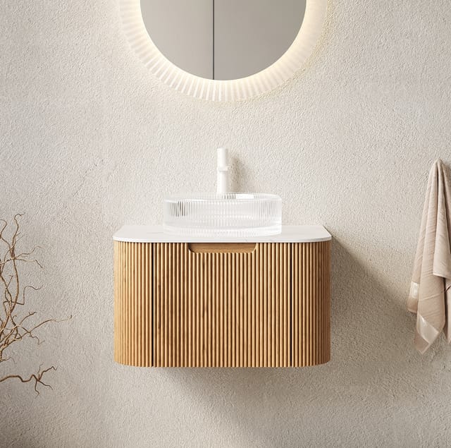Hängender Badmöbel 61 Cm Mit Rundem Waschbecken Aus Klarglas Und Schublade