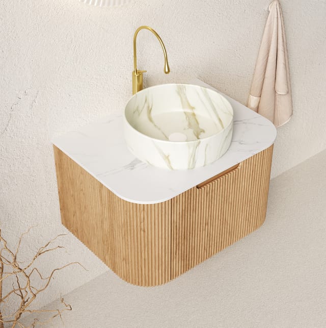 Hängender Badunterschrank 61 Cm Mit Weißem Keramikwaschbecken Und Schublade In Naturholz