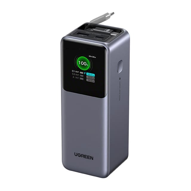 Powerbank 20000mah Ugreen Pb726 Usb + Usb-c, 165w, Eingebautes Kabel, Ccc-zertifiziert (grau)