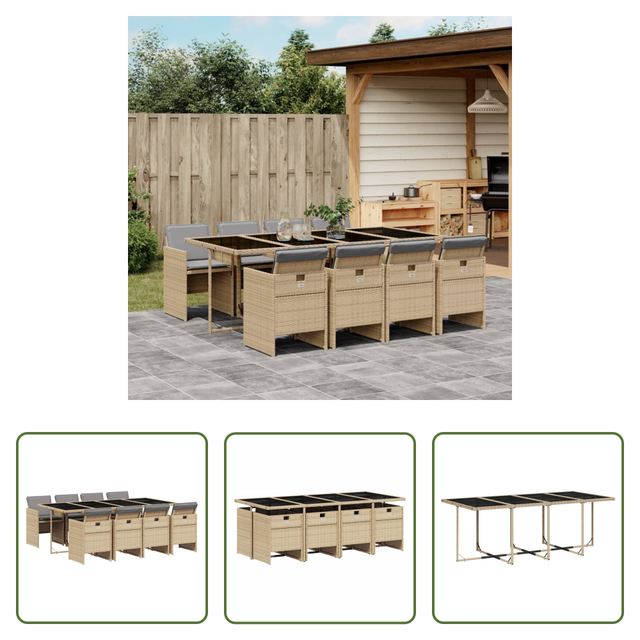 Gartenessgruppe - 9-tlg. Garten-essgruppe Mit Kissen Beigemischung Poly Rattan
