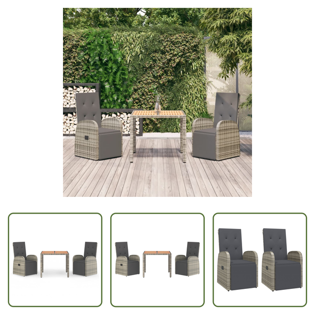 Vidaxl Rattan - 3-tlg. Garten-essgruppe Mit Kissen Grau Poly Rattan
