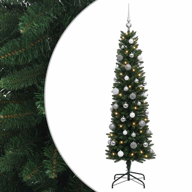 Künstlicher Schmaler Weihnachtsbaum Mit Kugeln 150 Cm 150 Leds Vidaxl