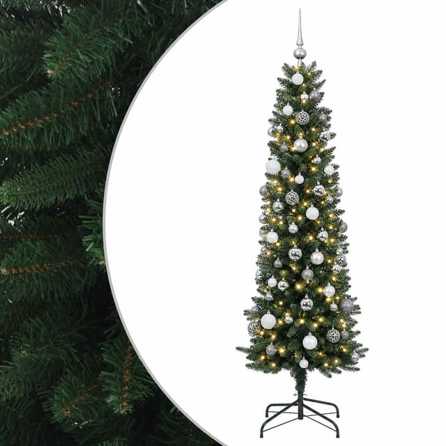 Künstlicher Schmaler Weihnachtsbaum Mit Kugeln 210 Cm 300 Leds Vidaxl