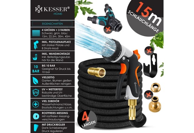 Kesser® Premium Gartenschlauch Flexibler Wasserschlauch Dehnbarer Flexischlauch Schwarz / 15 Meter
