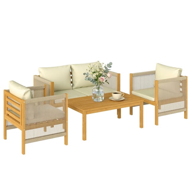 Gartenmöbel Set Holz Sitzgruppe Für 4 Personen Mit 2er Sofa 2 Sessel Homaire 120x60x64 Cm - Beige