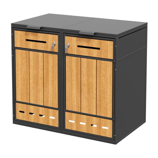 Doppel-mülltonnenbox Aus Stahl 132 X 84,5 X 118 Cm Grau Und Holzoptik Homvra