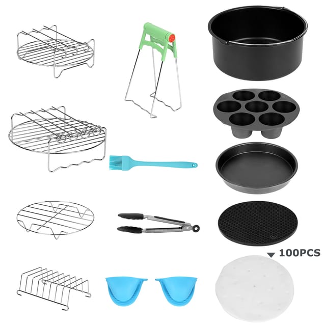 Jiubiaz 12-teiliges Heißluftfritteusen Zubehör Set Aus Silikon Und Edelstahl Mit Backpapier, Formen, Haltern Und Handschuhen