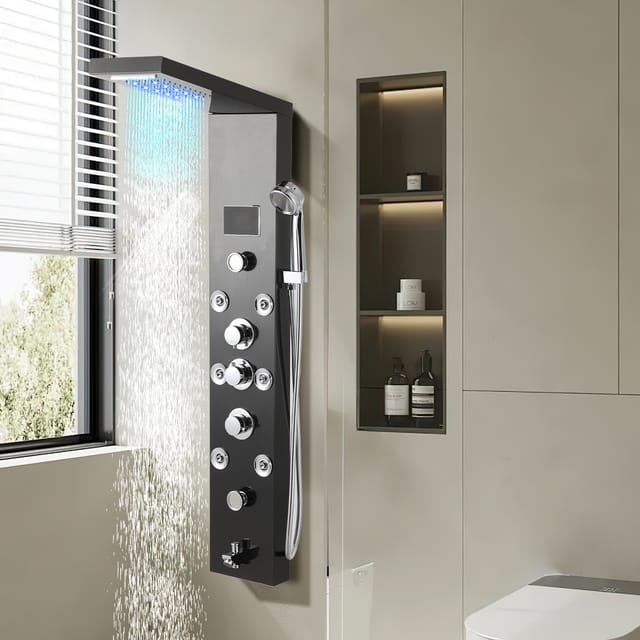 Jiubiaz Duschpaneel 6 In 1 Aus 304 Edelstahl Schwarz, Regendusche Wasserfall Massage Handbrause Wannenauslauf Mit Led Display, G1/2 Anschluss