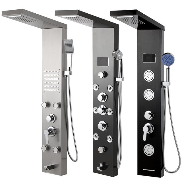 Jiubiaz Duschsäule Duschpaneel 304 Edelstahl Schwarz, 6 Funktionen Mit Regen Wasserfall Massage Handbrause Wannenauslauf Und Led Display, G1/2