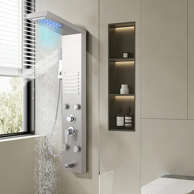 Jiubiaz Duschpaneel 5 In 1 Aus 304 Edelstahl Silber, Regendusche Wasserfall Massage Handbrause Wannenauslauf Mit Led, G1/2 Anschluss