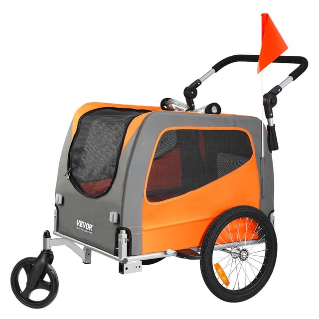 2-in-1 Hundefahrradanhänger (30 Kg), Kinderwagen Und Bollerwagen, Faltbarer Rahmen, Schnellspannräder, Universalkupplung, Reflektoren, Orange
