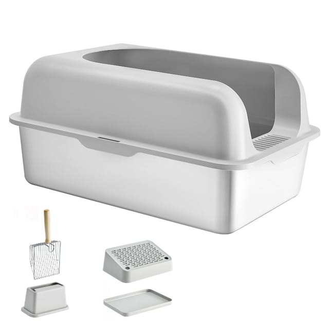 Xl-katzentoilette Aus Edelstahl, 15 Cm Tief, Mit Schaufel, Hohen Seitenwänden Und Breitem Filter, Leicht Zu Reinigen Für Große Katzen