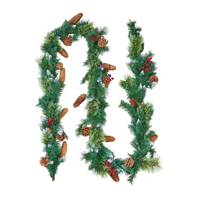Künstliche Weihnachtsgirlande 2750 Mm Mit Lichtern, Realistische Grüne Dekoration Mit Beeren, Tannennadeln Und Tannenzapfen