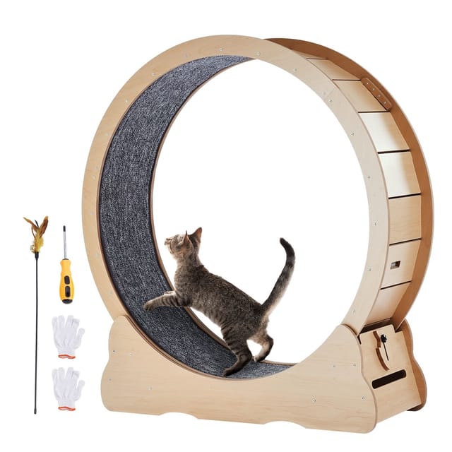 Laufband Für Katzen Aus Holz, 43,3 Cm, Mit Abnehmbarer Matte Und Spielzeug Für Bewegung Und Training