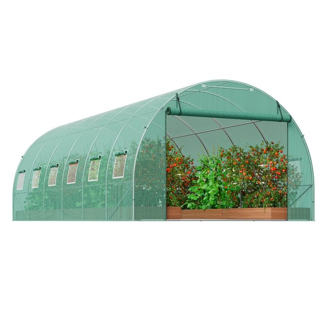 Begehbares Tunnelgewächshaus, 5,9 X 2,9 X 2 M, Verzinktes Stahlgestell, Grüne Pe-folie, Schiebetür