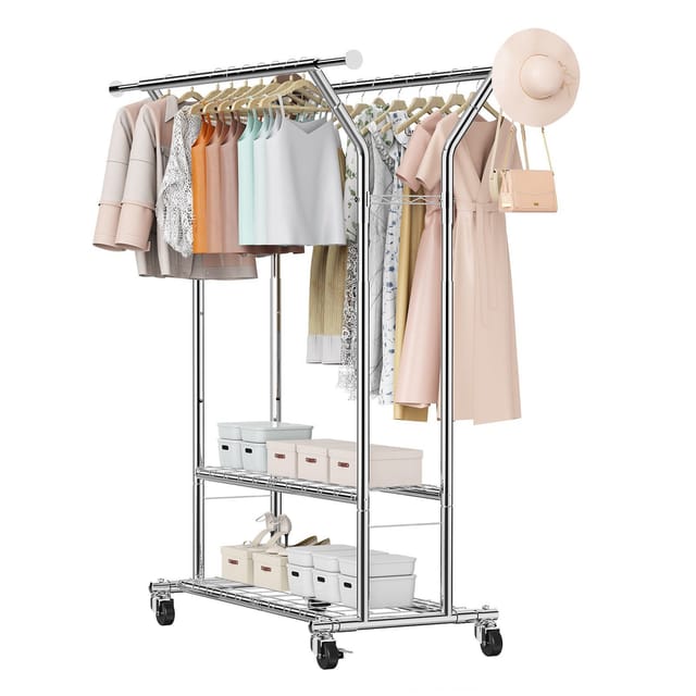 Kleiderschrank Aus Kohlenstoffstahl Auf Rollen, 2 Kleiderstangen, 2 Einlegeböden, Höhenverstellbar, Tragkraft 120 Kg, Für Schlafzimmer Und Waschküche