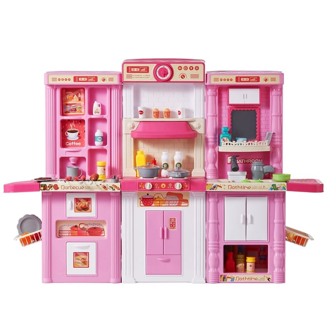 3-in-1-spielküche Mit Wassernebel, Geräuschen Und Lichtern, 74 Zubehörteilen, Rollenspiel, Für Kinder Von 3 Bis 8 Jahren, Rosa