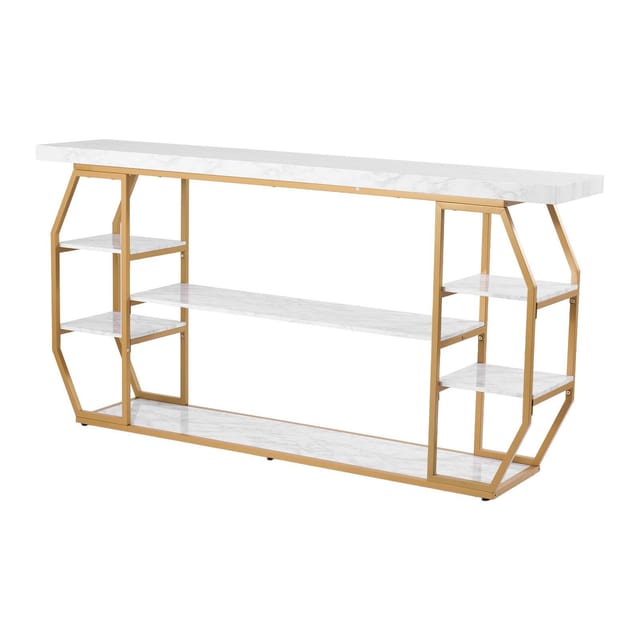 Dreistufiger Konsolentisch Aus Marmor Mit Goldfarbenem, Geometrischem Kippschutzgestell, Perfekt Für Wohnzimmer, Eingangsbereich Oder Büro Ein Elegantes Und Glamouröses Dekorationsobjekt.
