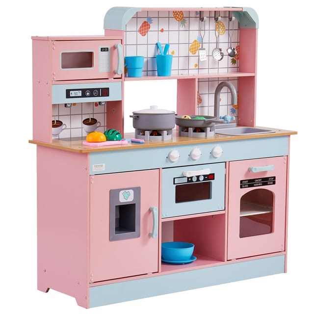 Spielküche Aus Holz Für Kinder Mit Licht- Und Soundeffekten, Eiswürfelbereiter, Backofen, Spüle Und Zubehör, Rosa, Ab 3 Jahren