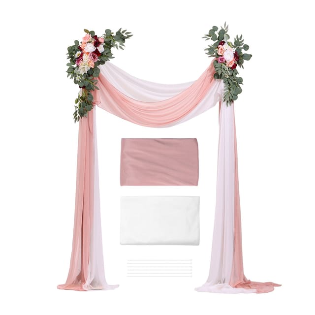 Set Aus Künstlichen Rosa Blumen, Hochzeitsbogen, 4-teilig, 2 Blumenarrangements, 2 Stoffstreifen, Hintergrund Für Den Empfang