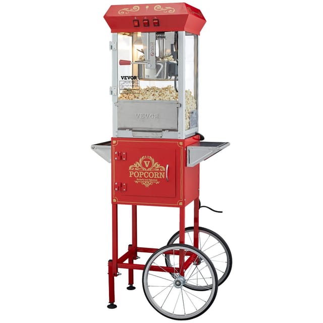 Rote Popcornmaschine Mit Wagen, 850 W, 225 G Schüssel Für 48 Tassen, Deckel Aus Gehärtetem Glas, 4 Löffel Inklusive