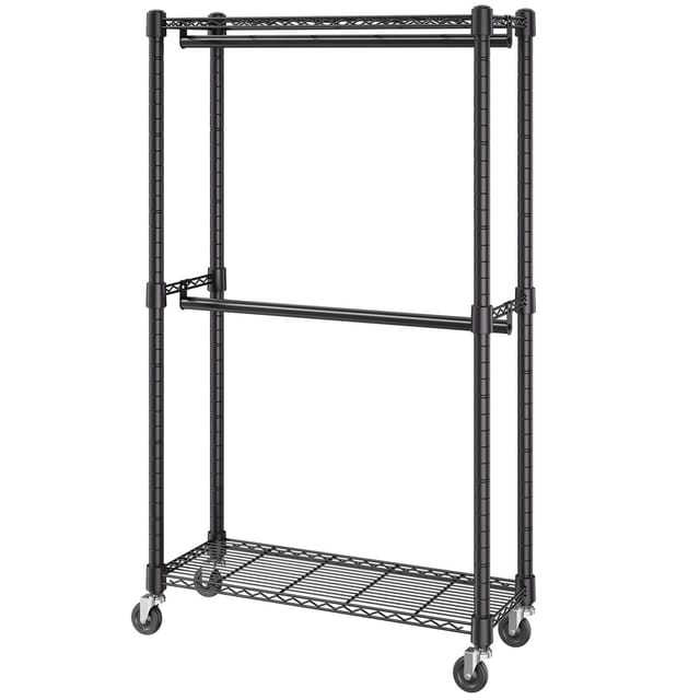 Stabiler Kleiderschrank Auf Rollen, Doppelte Kleiderstange Und Einlegeböden, 2,5 Cm Stahlrohr, Tragkraft 136,1 Kg
