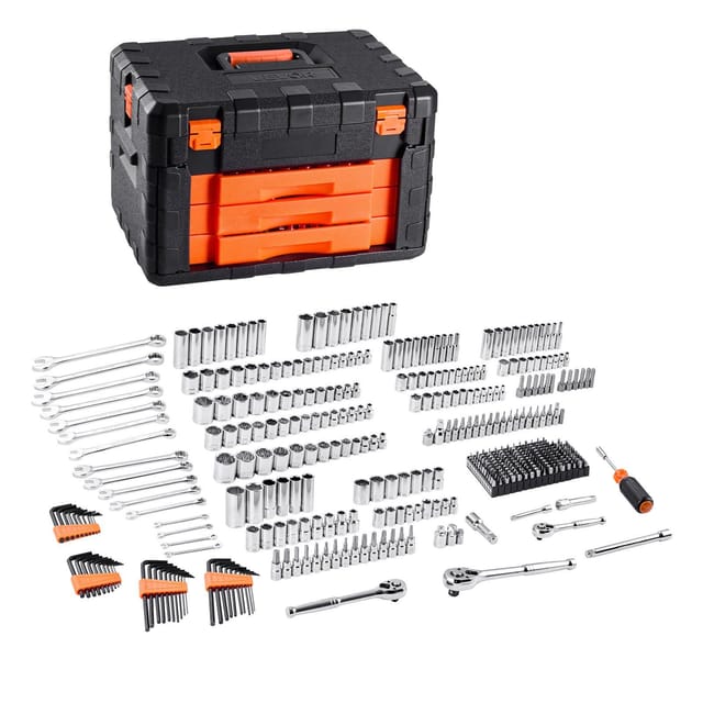 450-teiliger Werkzeugsatz Für Mechaniker, Inklusive Langer Und Standard-steckschlüssel (6,4, 9,5 Und 12,7 Mm), Komplett Mit Schraubenschlüsseln Und Zubehör, Orangefarbener Koffer