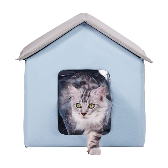 Beheizbares Katzenhaus Für Draußen Mit Zeitschaltuhr, Faltbarer Unterschlupf, Heizmatte Aus 600d Oxford-gewebe, Blau, Kleine Größe