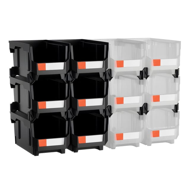 Stapelbare Aufbewahrungsboxen Aus Kunststoff, 12er-set, 37,7 X 21,5 X 18 Cm, Behälter Für Garage Und Büro, Schwarzes Zubehör Und
