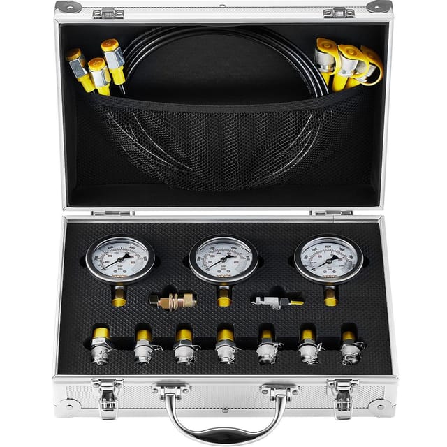 Hydraulikdruckprüfset 250/400/600 Bar Mit 3 Manometern, 9 Anschlüssen Und 3 Schläuchen Für Bagger Und Baumaschinen
