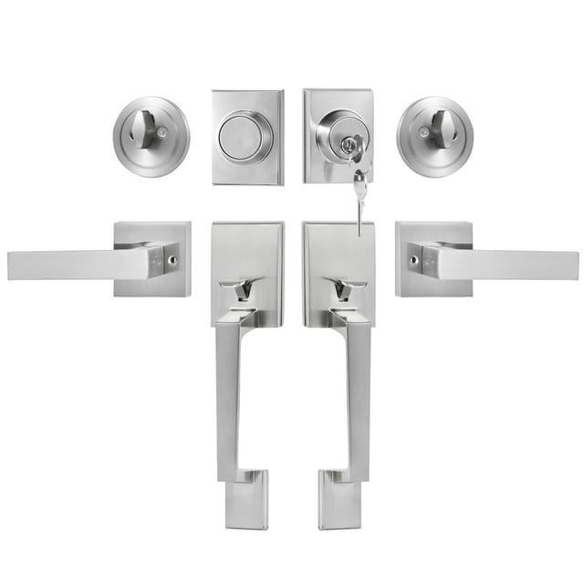 Doppeltürgriffset, Wendbar, Quadratisch, Gebürstetes Nickel, Robust, Mit Blindgriff, Für Büroeingang Und Schloss