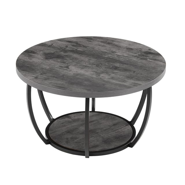 Moderner, Zweist öckiger Runder Couchtisch Aus Holz Mit Offenem Stauraum, Robustem, Minimalistischem Metallgestell, Ideal Für Wohnzimmer Oder Büro, Einfache Montage, Grau