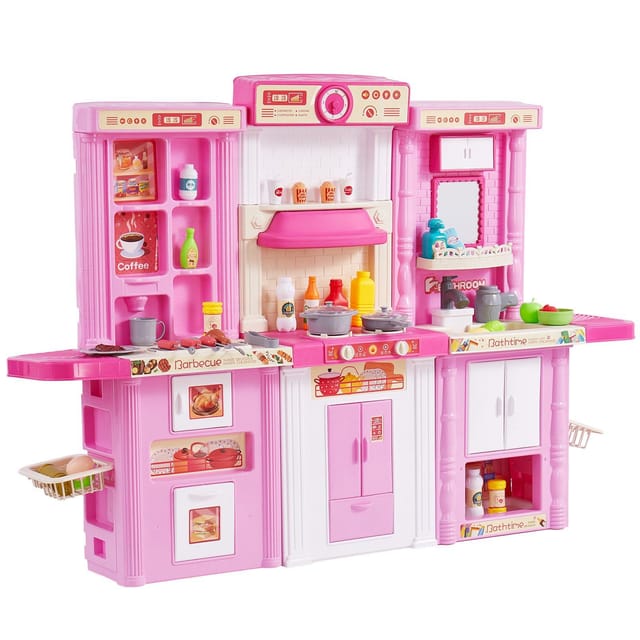3-in-1-spielküche Mit Nebel, Geräuschen Und Lichteffekten, 74 Zubehörteilen, Komplette Küche Für Kinder Von 3 Bis 8 Jahren, Vorschule, Rosa, Robust