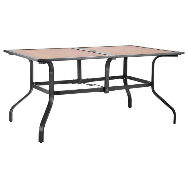 Rechteckiger Gartentisch Aus Stahl In Holzoptik, 150 Cm, Mit Schirmloch, Wetterfest, Braun