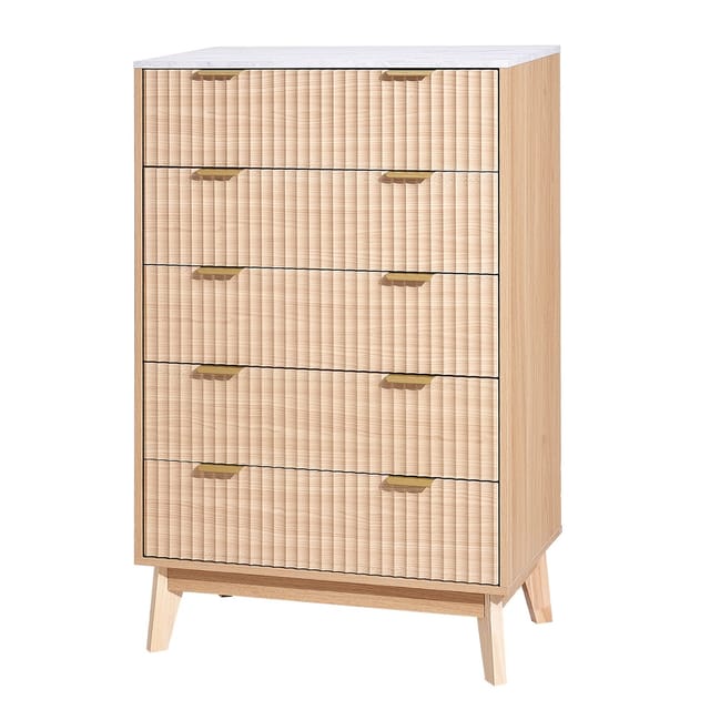 Holzkommode Mit 5 Schubladen, Kippsicherung Und Geriffelter Front, Für Schlafzimmer Und Aufbewahrung