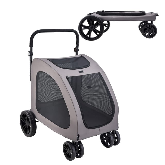 Vierrädriger Haustierbuggy Mit Bremsen, 73 Kg Tragkraft, Atmungsaktiven Netzfenstern Und Verstellbarer Höhe, Für Katzen Und Hunde