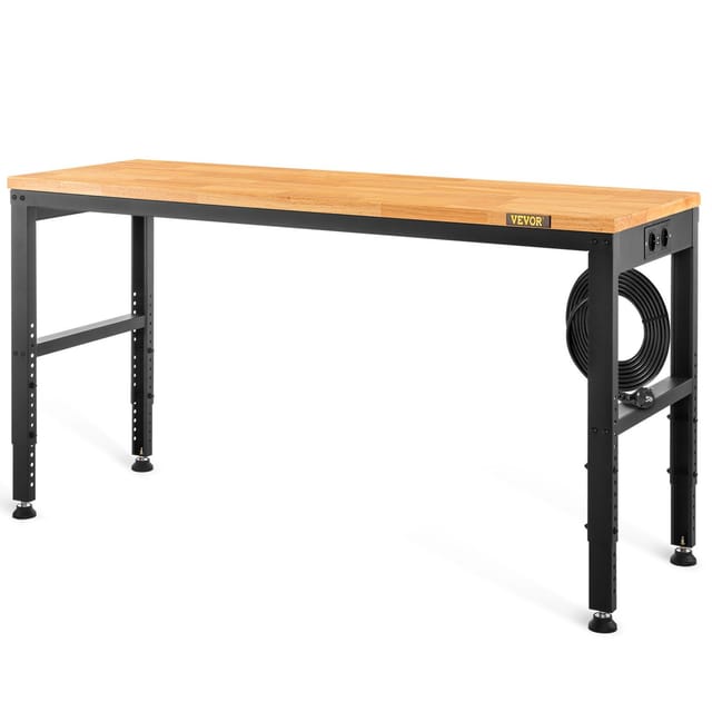 Höhenverstellbarer Arbeitstisch 122 X 61 X 97 Cm Mit Steckdosen, Tragkraft 900 Kg, Hartholzplatte Und Metallgestell