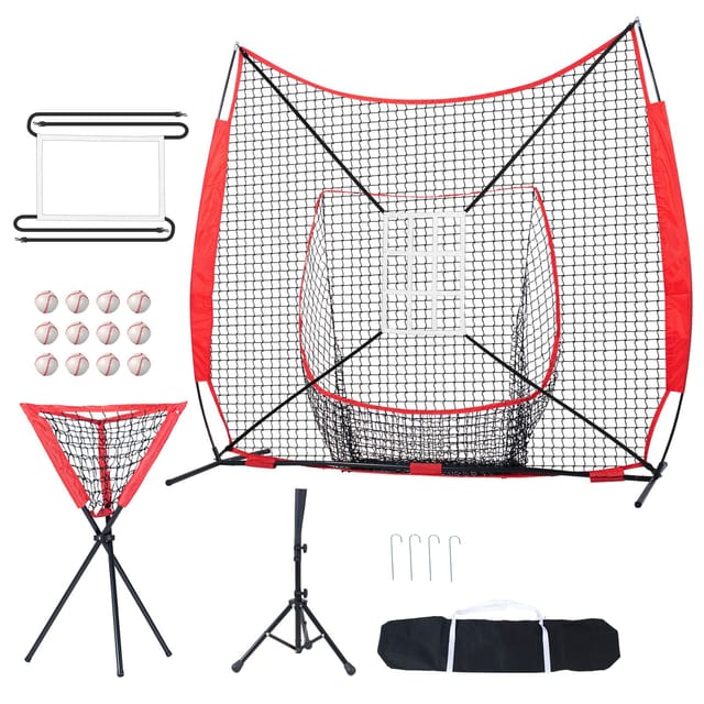 Baseball- Und Softball-trainingsnetz, 2,13 X 2,13 M, Gebogener Rahmen, Schlagzone, 12 Bälle, Tee, Ballfänger Inklusive