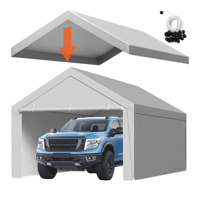 Graues Carportdach 6 X 4 M Mit Seitenwänden, Wasserdichtes Und Uv-beständiges Dach Mit Befestigungselementen, Vollständiger Schutz