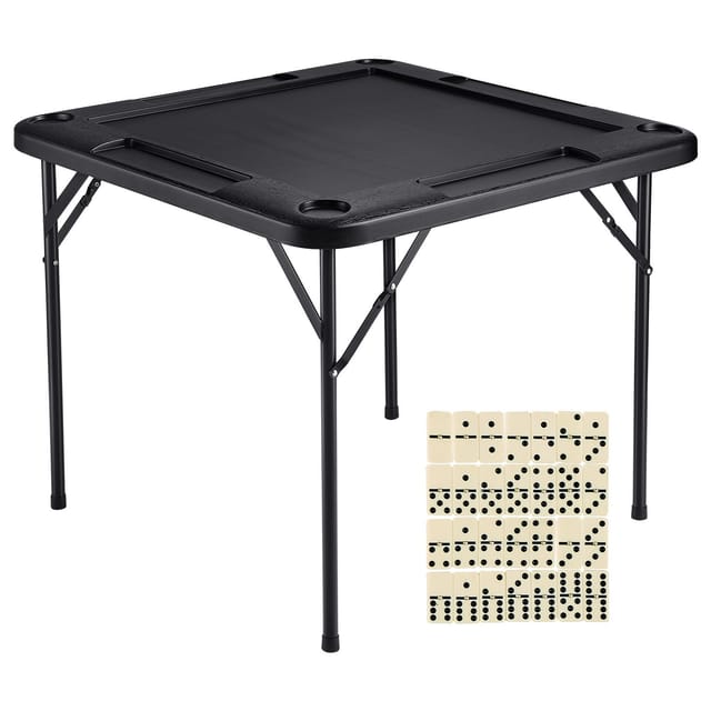 Klappbarer Quadratischer Mahjong-tisch 90 X 90 Cm Für 4 Spieler, 4 Becherhalter, 4 Dominosteine, Schwarz