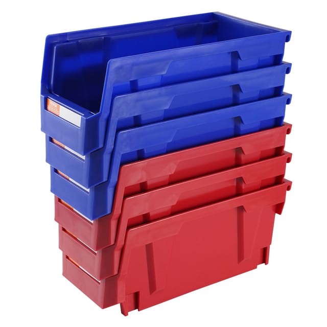 Set Mit 12 Stapelbaren Und Aufhängbaren Aufbewahrungsboxen Aus Blauem Und Rotem Kunststoff, 28 X 13 X 13 Cm, Für Küche, Büro, Schrank